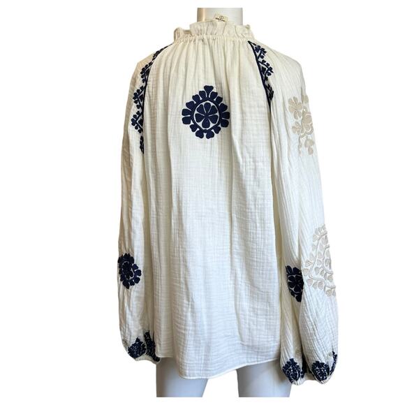 Figue Cream Blue Embroidered Boho Peasant Top with Tassels sz S NWOT $428 - Picture 2 of 10